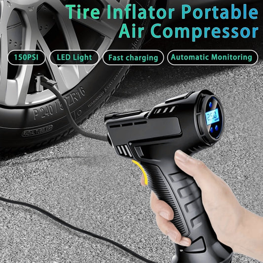 AirThrust – Portable Tire Inflator & Air Compressor | 150 PSI, Fast Inflation, LED Light, Automatic Monitoring, USB Rechargeable for Car, Bike & More